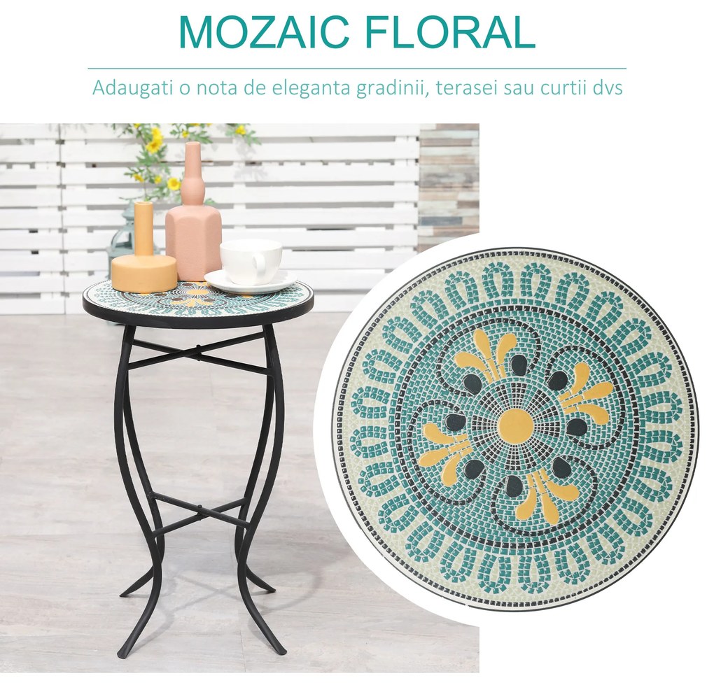 Masuta de Gradina Rotunda Outsunny din Metal Blat cu Mozaic, Multicolor Ф35.5x53.5cm | Aosom RO