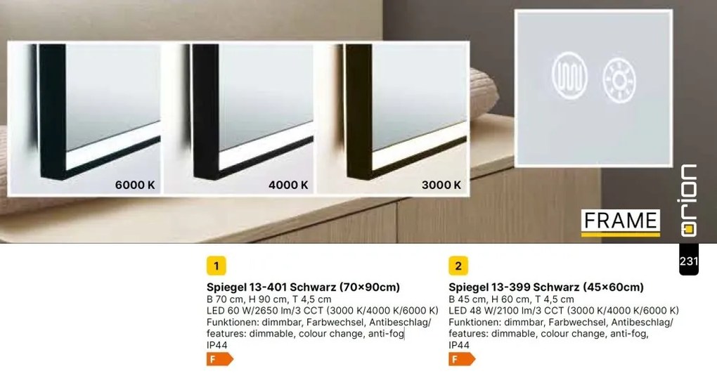 Oglinda baie cu iluminat LED dimabil IP44 FRAME 45-60cm