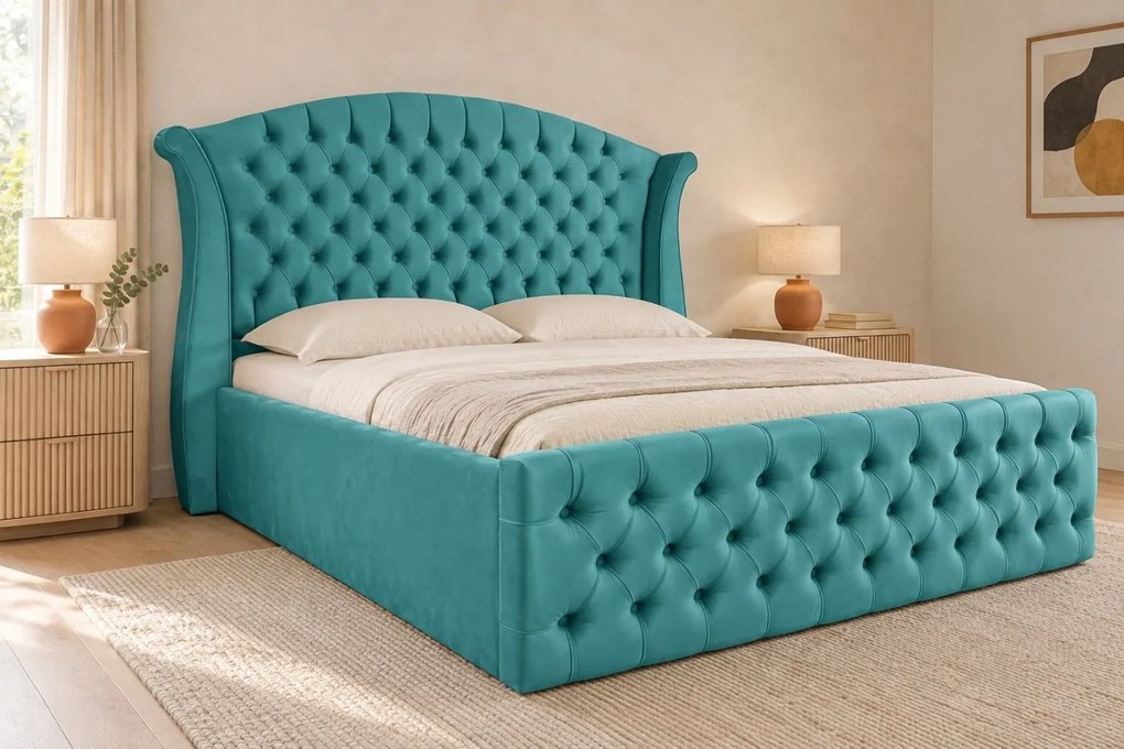 Pat tapițat Chesterfield din catifea Sorella Simple 180×200 cm, albastru deschis, cu ladă de depozitare