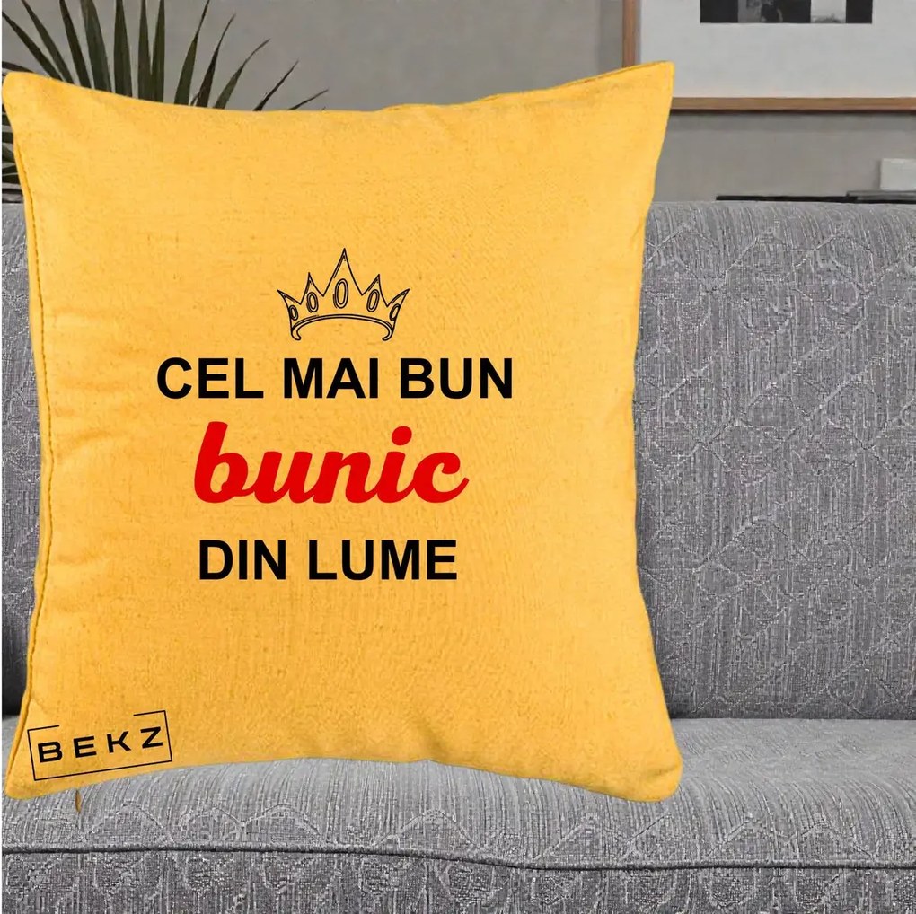 Cadou pentru Bunic - Perna Personalizata Cel Mai Bun Bunic Din Lume Coroana Rosu, 40x40 cm, Galben, Husa Detasabila, Perna Inclusa, BEKZ®
