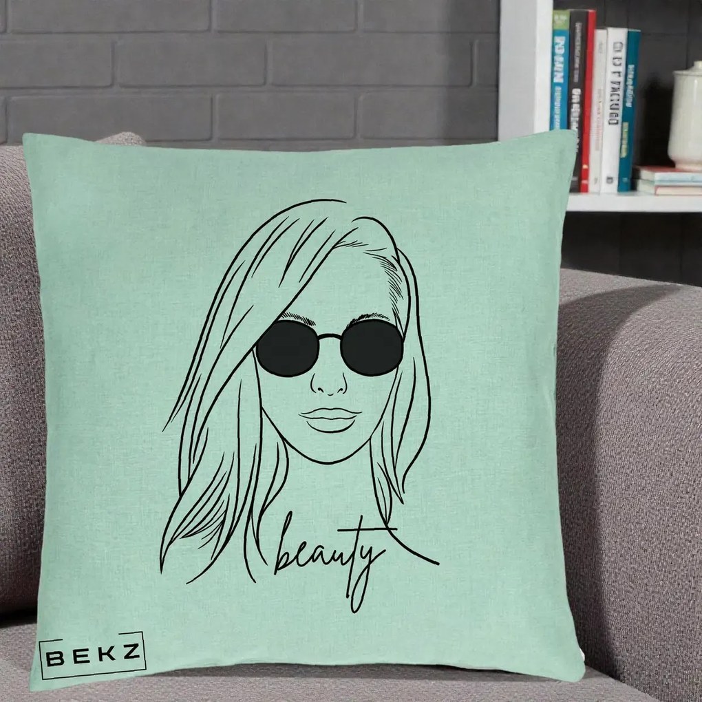 Perna Decorativa Beauty Girl Line Art, 40x40 cm, Verde Menta, Husa Detasabila, Perna Inclusa, BEKZ®
