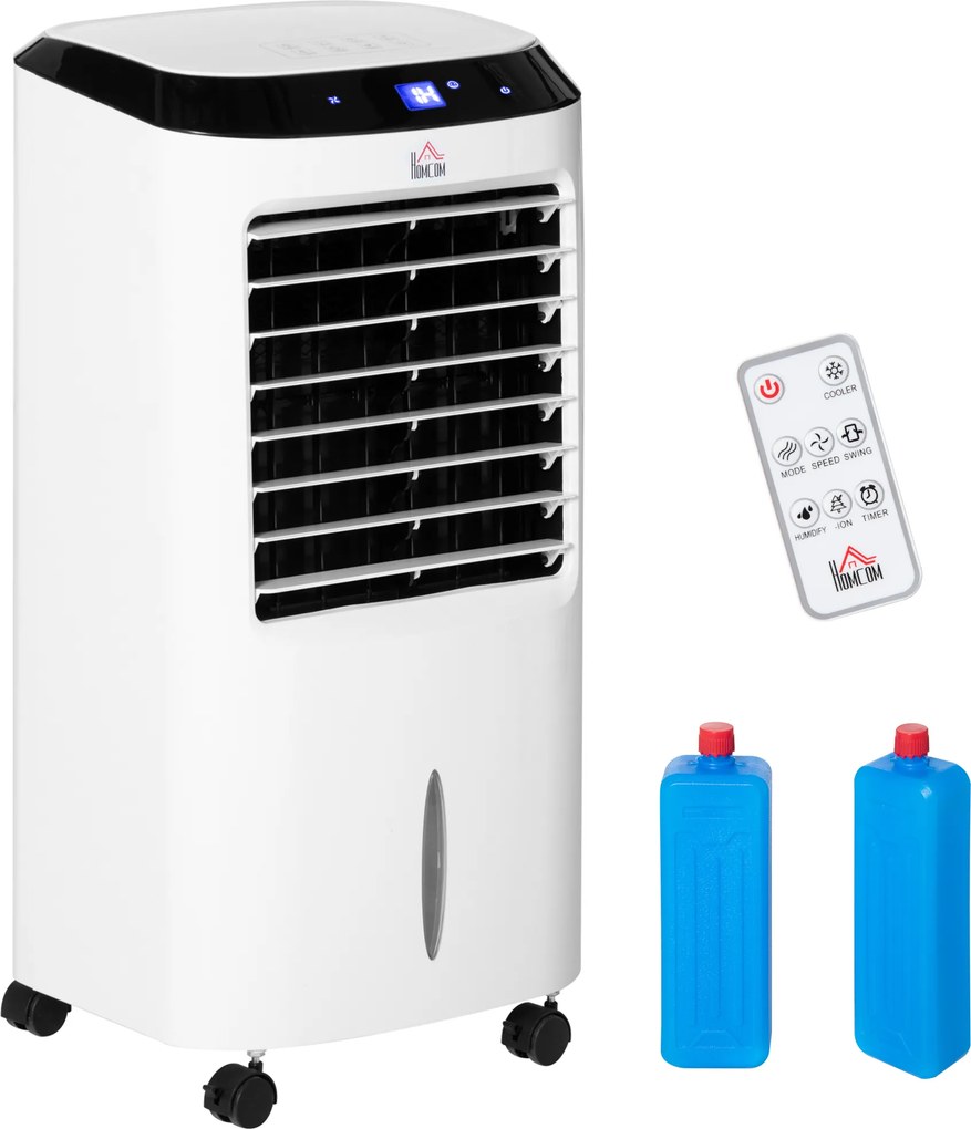 HOMCOM Răcitor de Aer Portabil 4-în-1 de 10L cu Umidificator, Sistem de Răcire, Timer 8 Ore, Telecomandă, pentru Încăperi de până la 20㎡, 60W, ABS, Alb și Negru, 38,2 x 31,6 x 76 cm | Aosom Romania