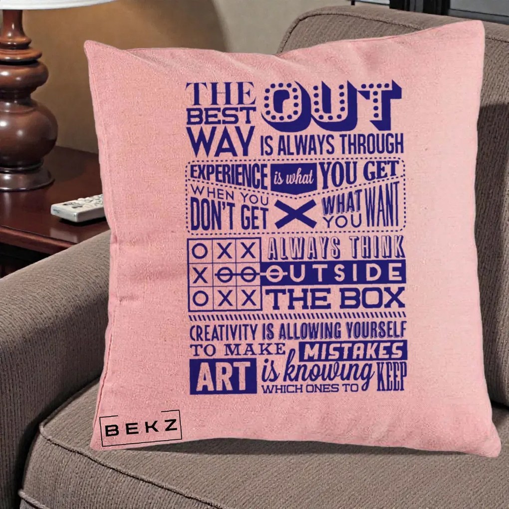 Perna Decorativa Citate Creativitate Albastru, 40x40 cm, Roz, Husa Detasabila, Perna Inclusa, BEKZ®