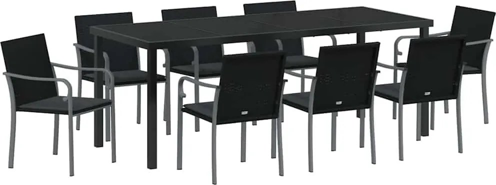 vidaXL Set de masă pentru grădină 9 pcs Negru și Gri Ratan PE