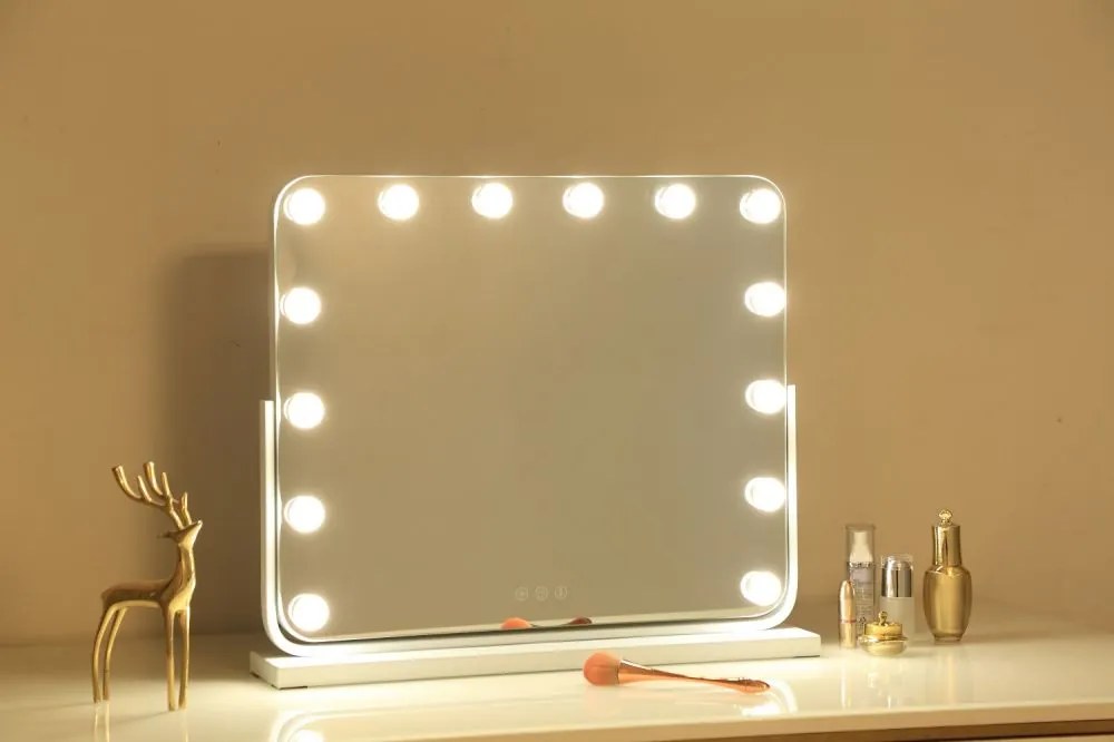 Oglindă cosmetică, sistem iluminare 14 becuri LED, 3 culori, Senzor Tactil, Luminozitate Reglabilă, Alb