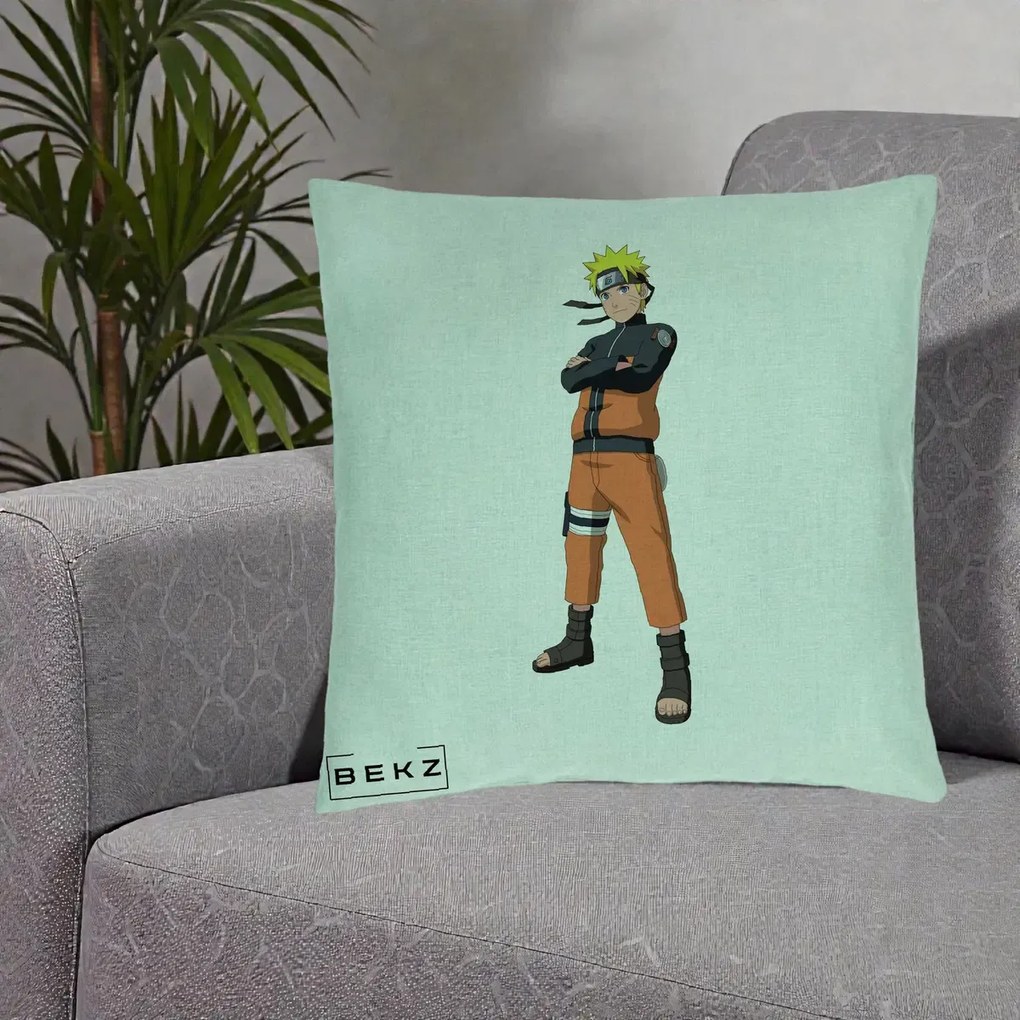 Perna Personalizata Naruto Uzumaki Portret Complet, 40x40 cm, Verde Menta, Husa Detasabila, Perna Inclusa, BEKZ®