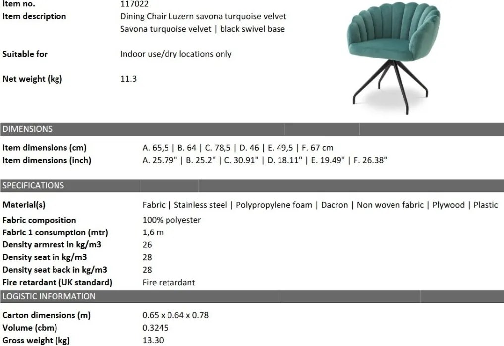 Scaun pivotant design elegant LUX Luzern, Savona turquoise