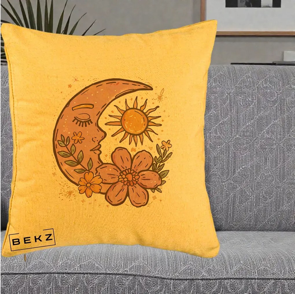 Perna Personalizata Luna si Soare Floral Boho, 40x40 cm, Galben, Husa Detasabila, Perna Inclusa, BEKZ®