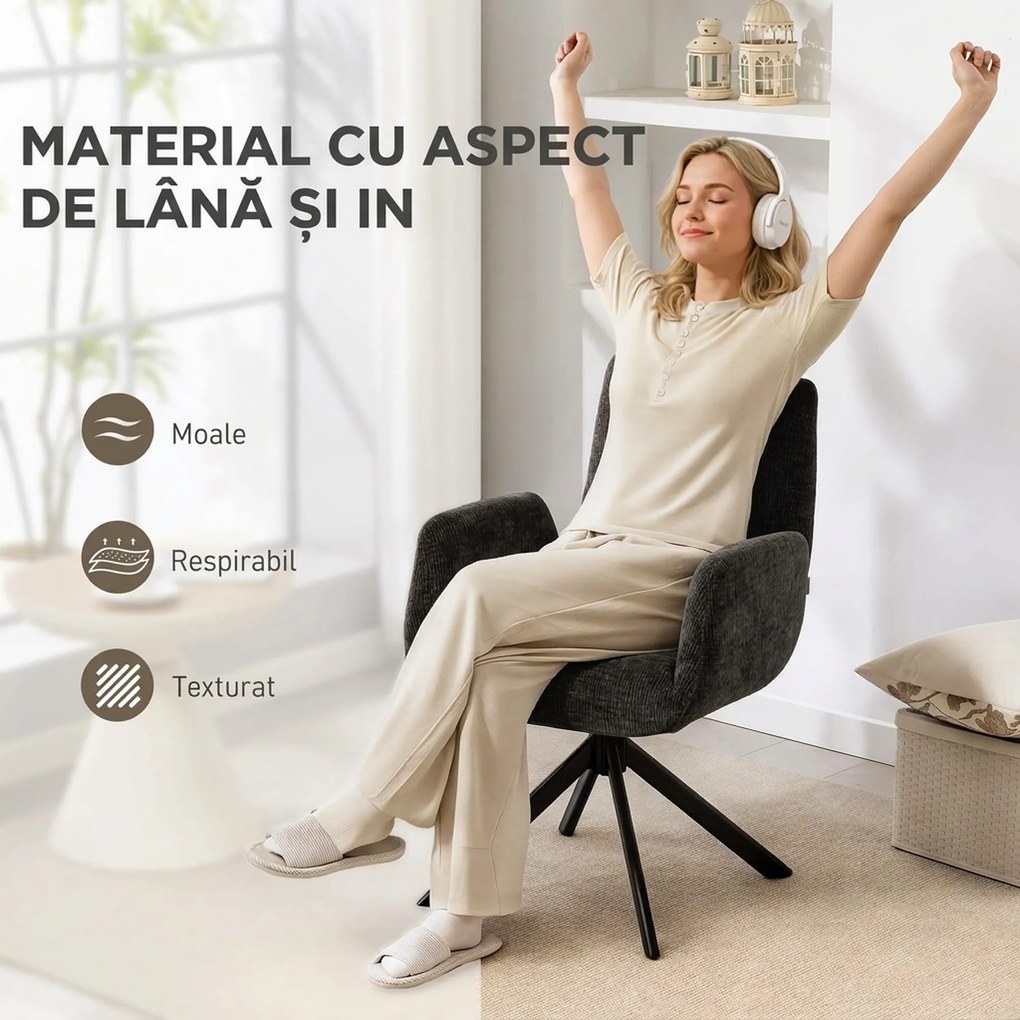 HOMCOM Fotoliu Rotativ pentru Dormitor, Material Textil cu Aspect de In și Picioare Înclinate din Oțel, Negru | Aosom Romania