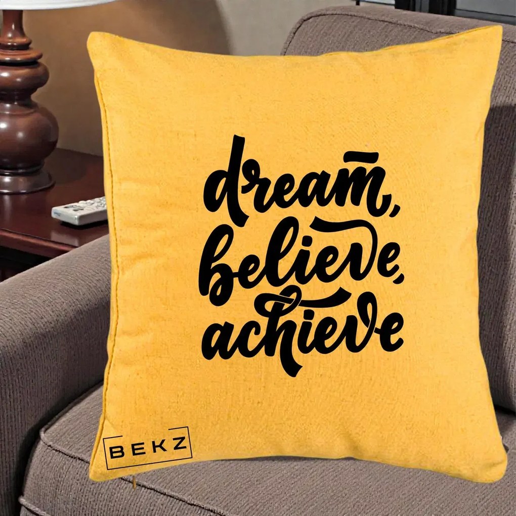 Perna Decorativa Dream Believe Achieve, 40x40 cm, Galben, Husa Detasabila, Perna Inclusa, BEKZ®