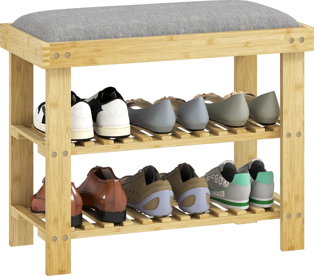 HOMCOM Bancă pentru încălțăminte din bambus, raft pentru încălțăminte cu 3 niveluri, stil scandinav, 60 x 29 x 49 cm, lemn natural | Aosom Romania
