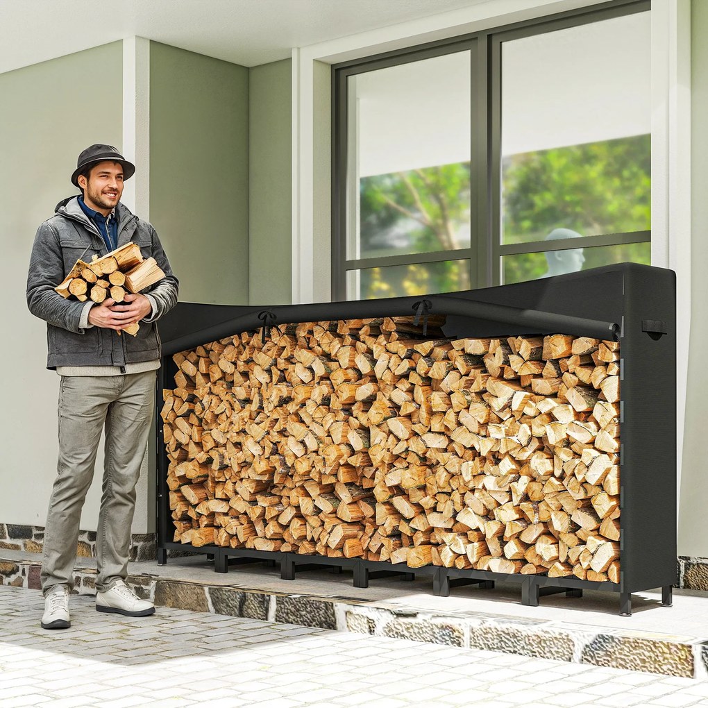 Outsunny Suport de Lemne pentru Exterior din Oțel, cu Acoperire Impermeabilă Oxford 600D, Structură Reglabilă și Lanțuri Metalice, Suport de Lemne Ridicat, 0.8m³, 235x31x116 cm, Negru | Aosom Romania