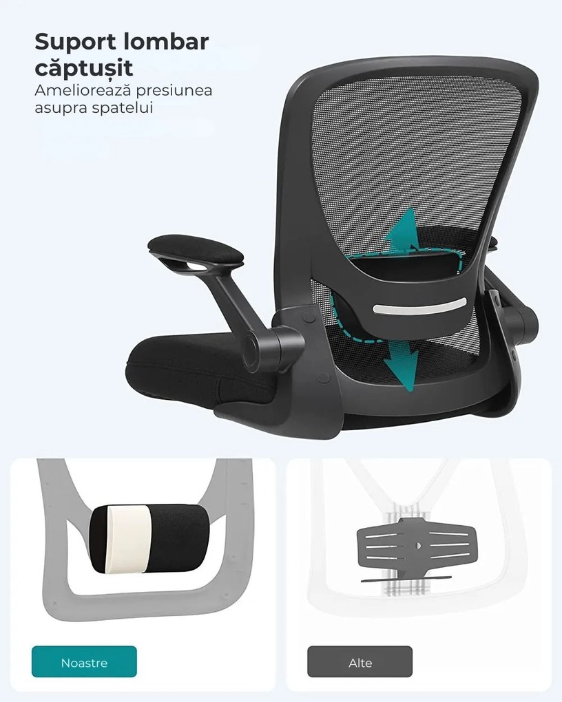 Scaun de birou ERGO cu cotiere rabatabile, max. 120 kg, negru SongmicsHome