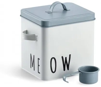 Cutie metalica pentru depozitare hrana pisici, cu capac, Meow Alb / Gri Bleu, L23,4xl16,2xH21 cm