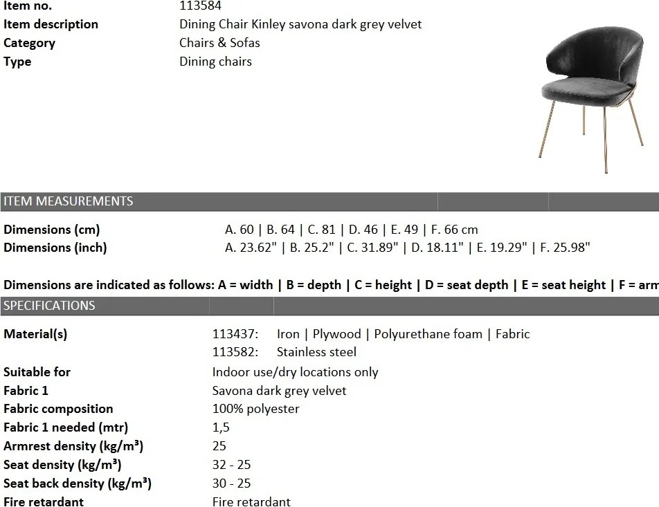 Scaun tapitat design LUX Kinley, catifea savona gri inchis 113584 HZ