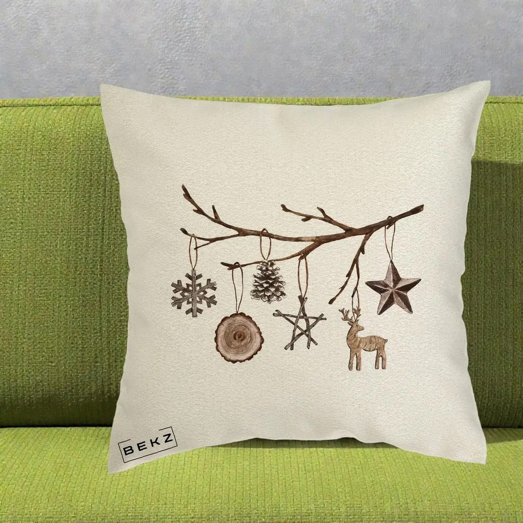 Perna Decorativa Ornamente de Lemn pe Ramura, 40x40 cm, Ecru, Husa Detasabila, Perna Inclusa, BEKZ®