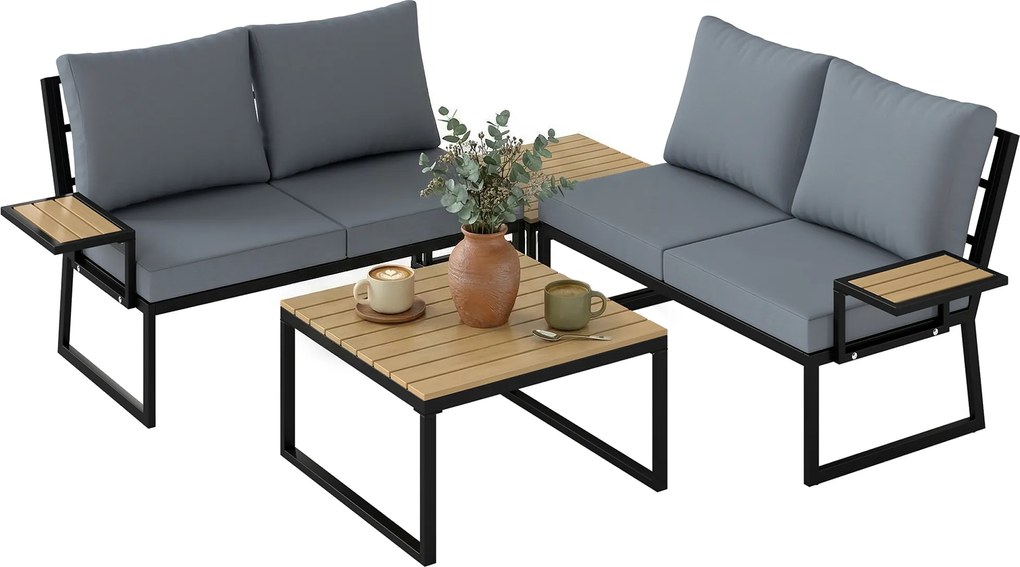 Outsunny Set mobilier de grădină în formă L, cadru metalic, pentru 4 persoane, lounge cu canapea 2 locuri și perne, 2 măsuțe suprapuse, Teak | Aosom Romania