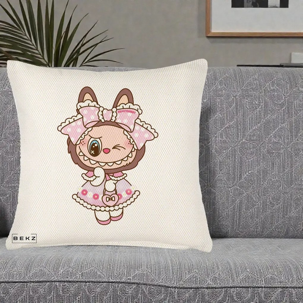 Perna Personalizata Labubu Lolita Roz cu Dantela, 40x40 cm, Crem Reliefat, Husa Detasabila, Perna Inclusa, BEKZ®