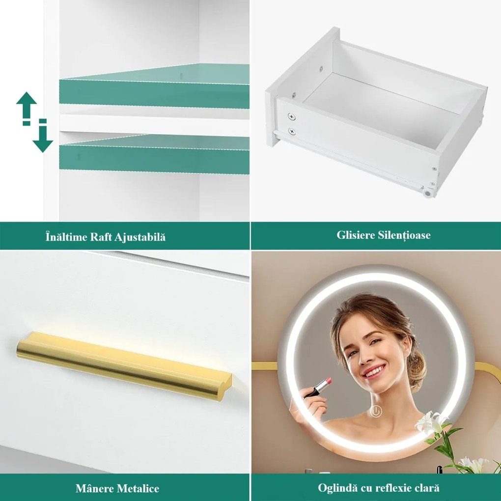 Masuta machiaj cu Oglinda LED si 3 Sertare pentru Cosmetice, Set Masa toaleta 80 cm, Alb, masuta cosmetica, vanity - SEA825