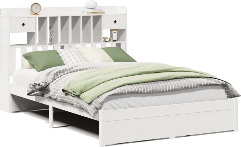 vidaXL Pat cu bibliotecă fără saltea, alb, 150x200 cm, lemn masiv pin
