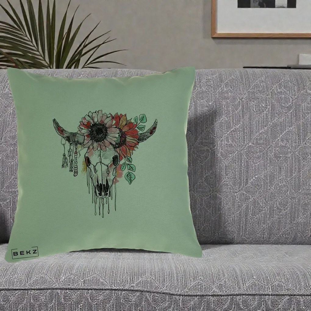Perna Decorativa Craniu Boho Floral, 40x40 cm, Verde, Husa Detasabila, Perna Inclusa, BEKZ®