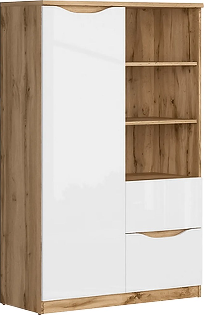 Comoda NUIS, stejar/alb lucios, 90x40x148 cm