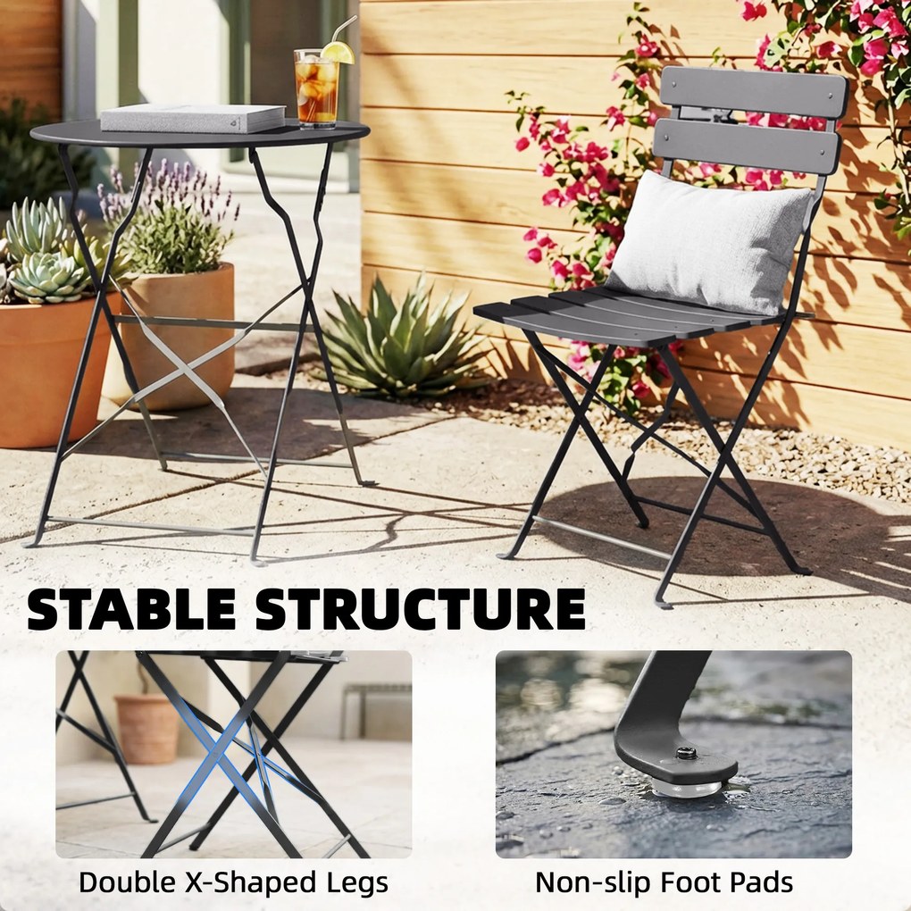 Outsunny Set bistro de grădină 3 piese Masă și 2 scaune pliante cu șipci Protecție dublă anti-rugină Negru | Aosom Romania