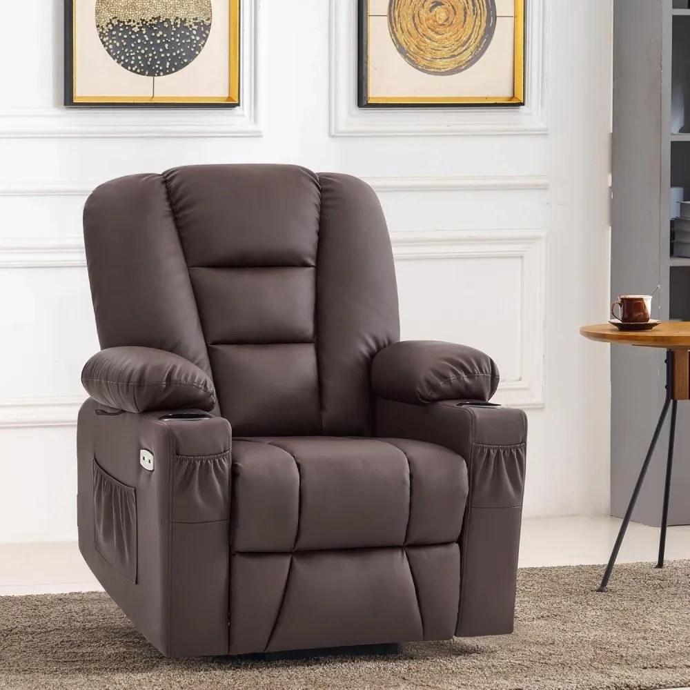 Fotoliu Electric Power Lift&Recliner, ridicare și rabatare, masaj și incalzire, porturi USB, suporturi pentru pahare, buzunare laterale, telecomenzi, PU, Maro