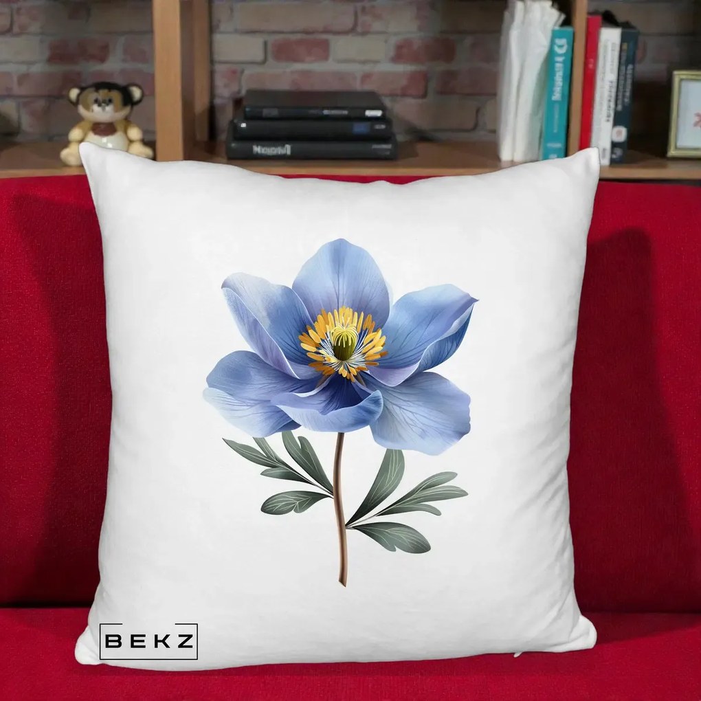 Perna Decorativa Anemona Albastra Botanica, 40x40 cm, Alb Pufos, Husa Detasabila, Perna Inclusa, BEKZ®