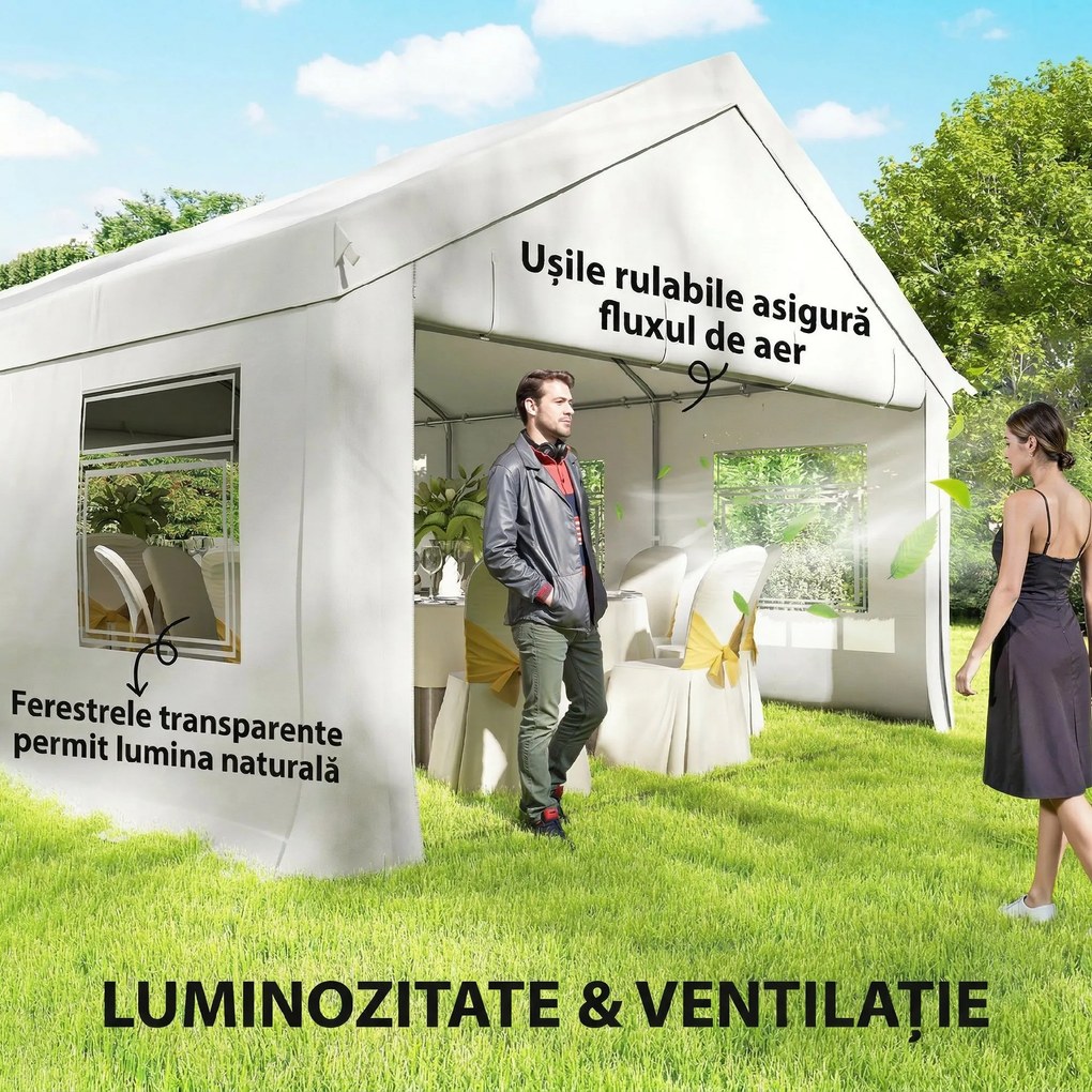 Outsunny Pavilion de Grădină 4x6 m cu Pereți Laterali, 6 Ferestre și Dublă Intrare, din Oțel Galvanizat, Alb | Aosom Romania