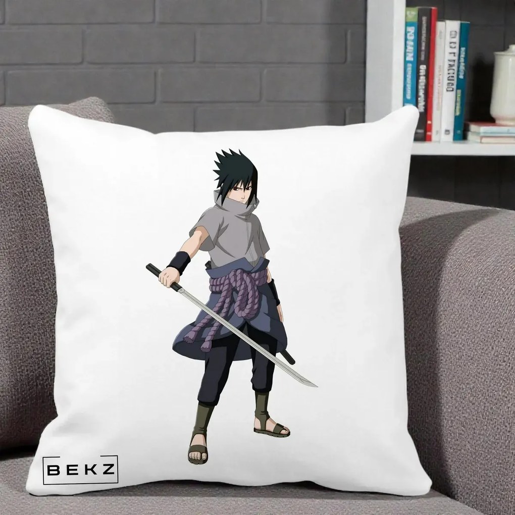 Perna Personalizata Naruto Sasuke Uchiha cu Sabia, 40x40 cm, Alba Mata, Husa Detasabila, Perna Inclusa, BEKZ®