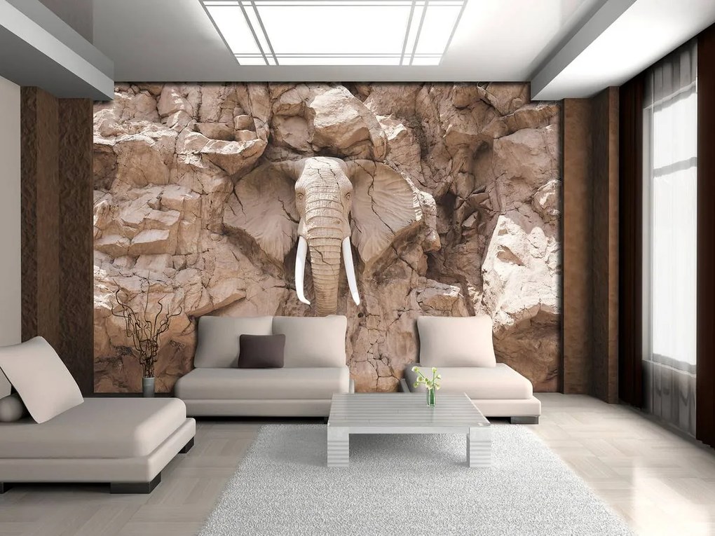 Fototapet - Elefant  sculptat în piatră - bej (254x184 cm)