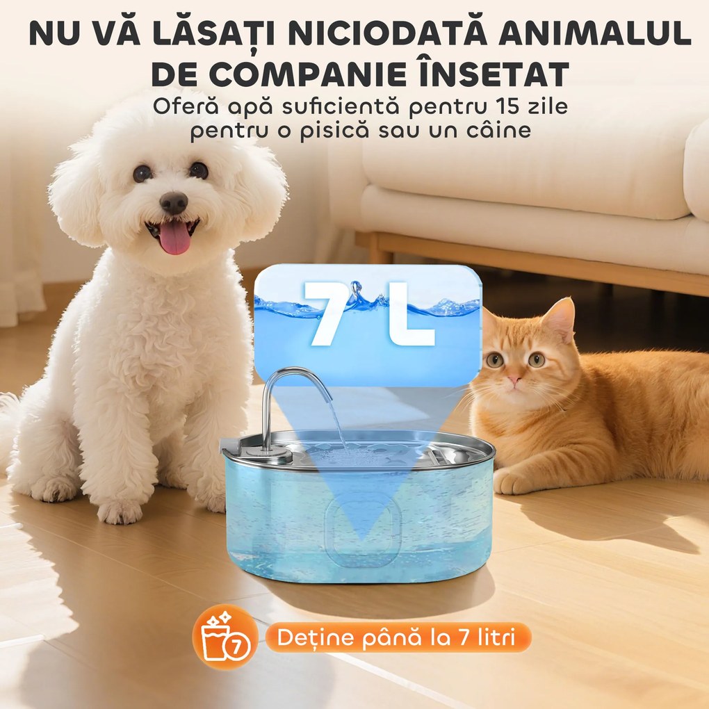 PawHut Fântână Apă Inox Automată 7L | Aosom Romania