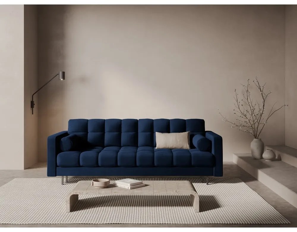 Canapea albastru-închis extensibilă, cu spațiu de depozitare cu tapițerie din catifea 222 cm Bali – Cosmopolitan Design