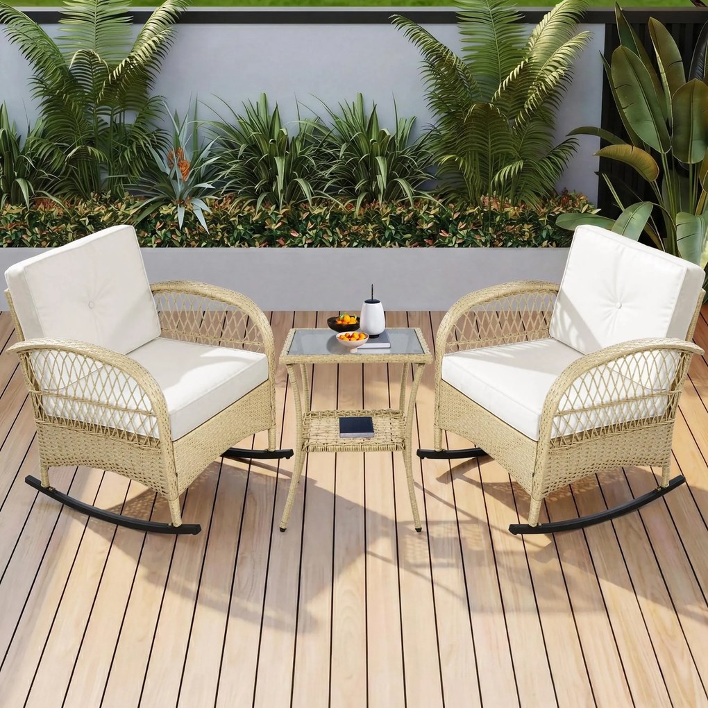 Set de mobilier din rattan pentru balcon (3 piese), 2 scaune balansoar confortabile cu spătar înalt, 80x76x86 cm, Bej