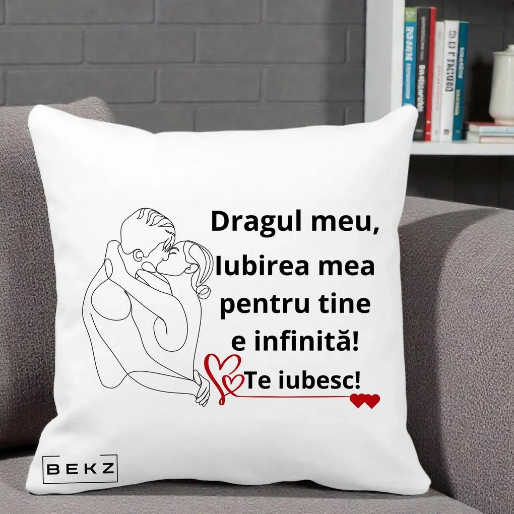 Cadou pentru Iubit - Perna Personalizata Dragul Meu Iubirea Mea pentru Tine e Infinita Te Iubesc, 40x40 cm, Alba Mata, Husa Detasabila, Perna Inclusa, BEKZ®