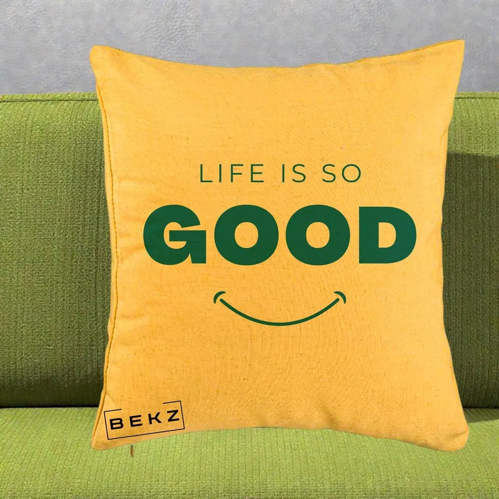 Perna Decorativa Life is So Good Mesaj Pozitiv, 40x40 cm, Galben, Husa Detasabila, Perna Inclusa, BEKZ®