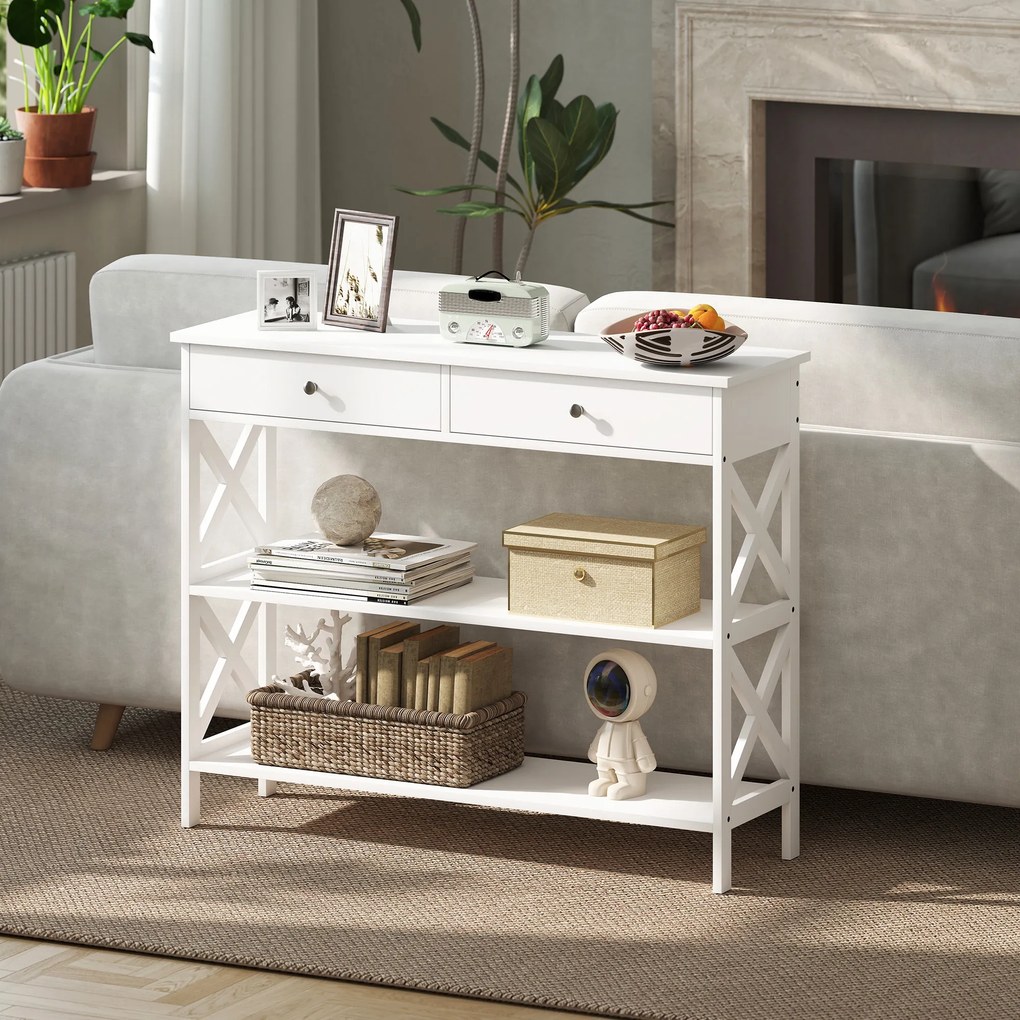 HOMCOM Consolă, cu 2 Sertare și Rafturi Reglabile, Design Modern, Structură Solidă cu Sistem Anti-Răsturnare, 100x30.5x80 cm, Albă | Aosom Romania