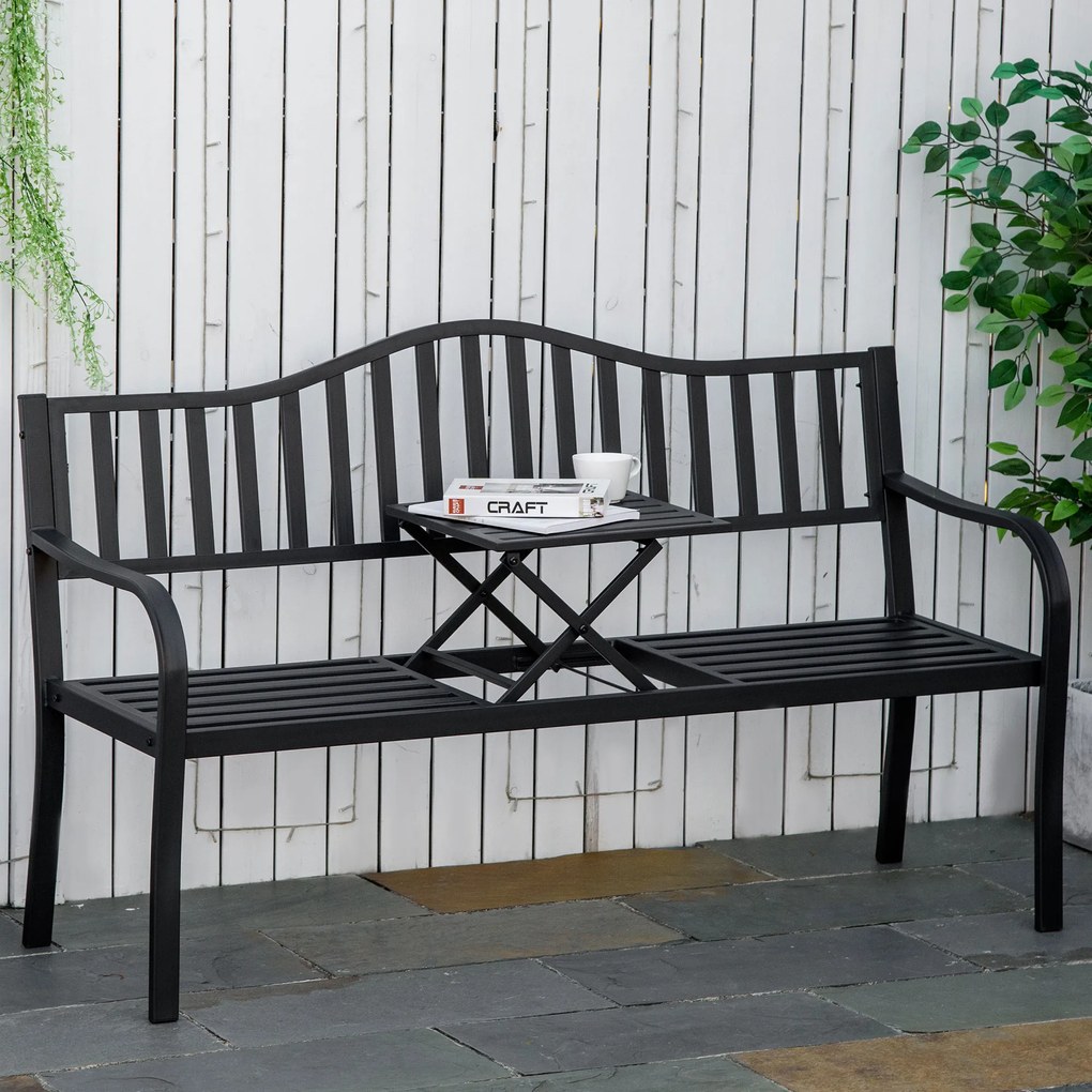 Bancă de Grădină Outsunny din Metal cu Măsuță Centrală Retractabilă, Bancă Loveseat pentru Terasă cu Șezut și Spătar cu Șipci, pentru 2–3 Persoane, Neagră | Aosom Romania