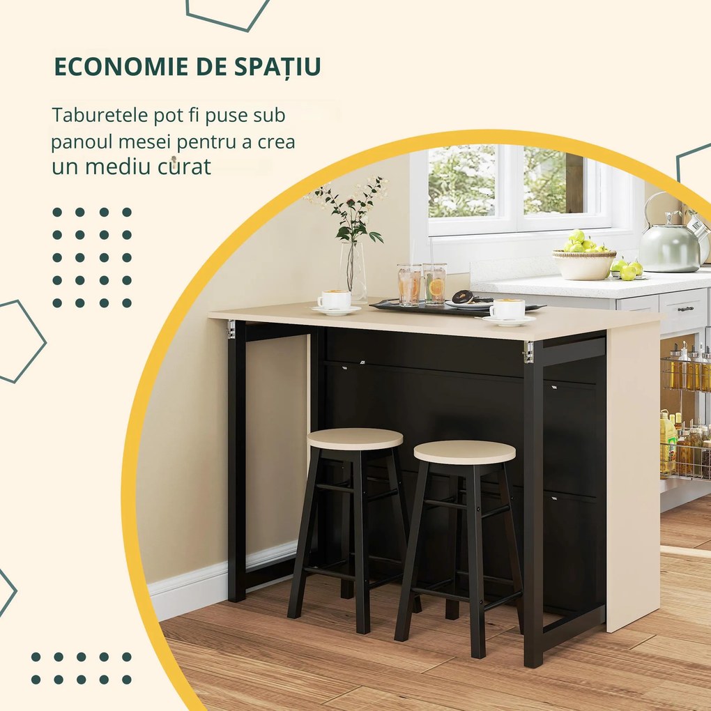 HOMCOM Set de bar 3 piese, Masă de bar cu placă pliabilă, 2 scaune de bar, 6 compartimente de stocare, negru+stejar, 116 x 70 x 89,5 cm | Aosom Romania