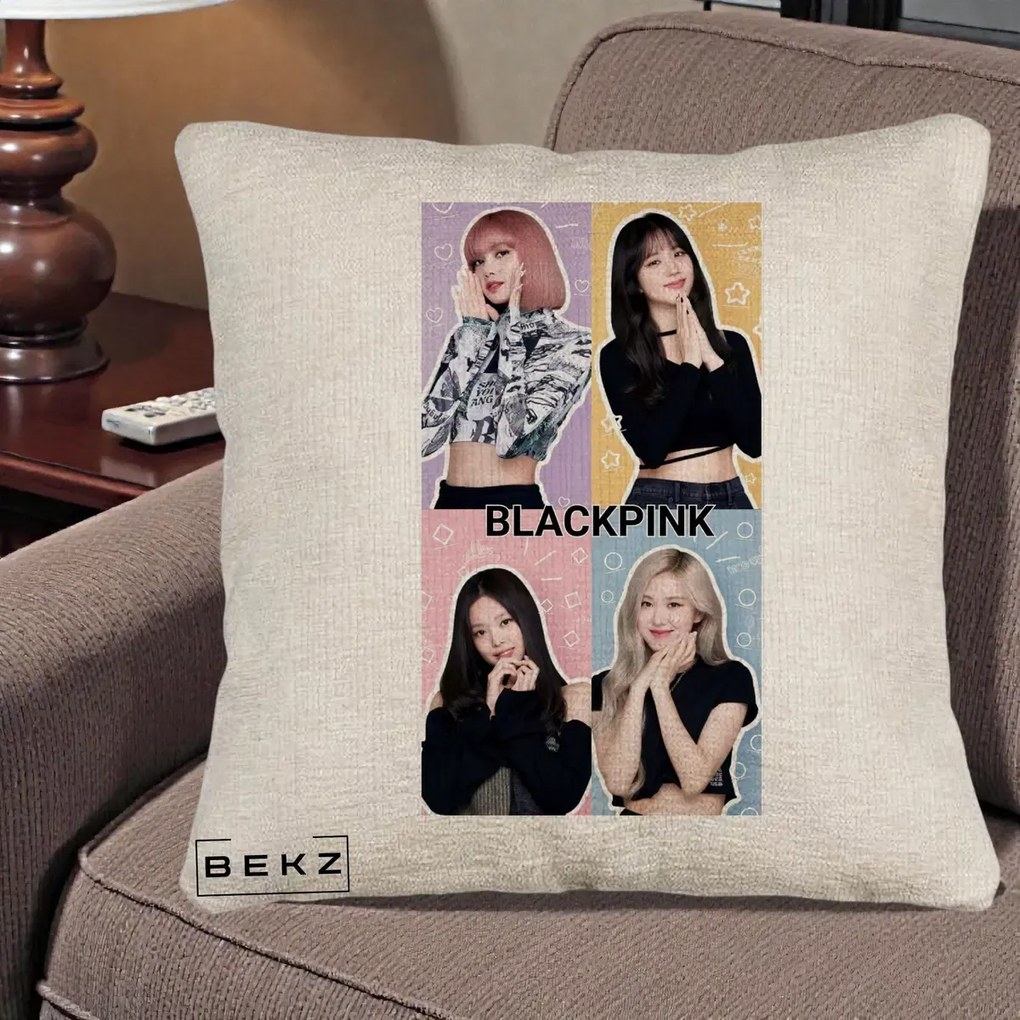 Perna Personalizata K-pop BLACKPINK Negru, 40x40 cm, Bej Canapea, Husa Detasabila, Perna Inclusa, BEKZ®