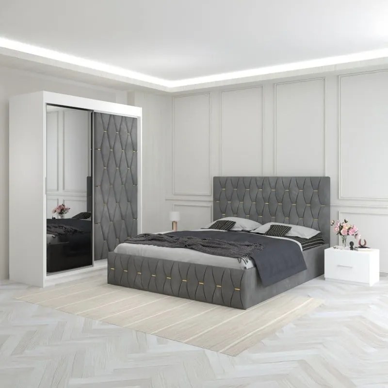 Set Mobila De Dormitor Eric Gri, Usa Tapitata, pat tapitat 160x200cm,  dulap cu oglinda 150x210cm, noptiere