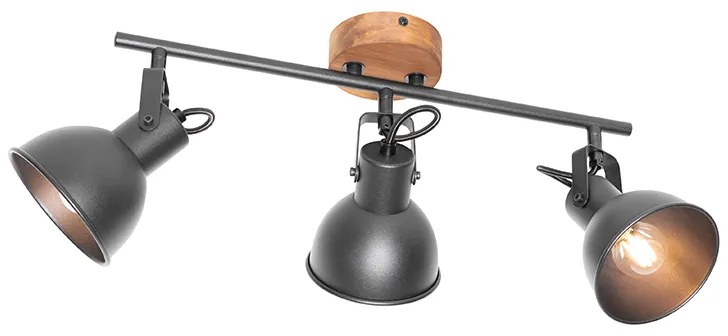 Spotlight industrial negru cu lemn inclinabil 3 lumini - Tommy