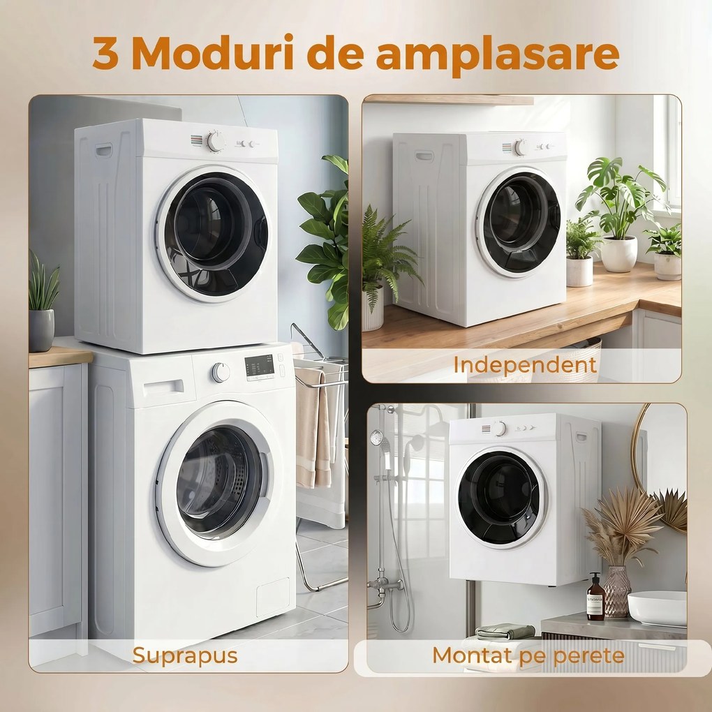 HOMCOM Mini Uscător de Rufe Portabil 4,8 kg, 1020W, Încălzire PTC, Timer, Alb | Aosom Romania