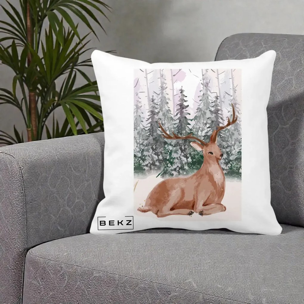 Perna Decorativa Ren in Padure Roz Moale, 40x40 cm, Alba Mata, Husa Detasabila, Perna Inclusa, BEKZ®