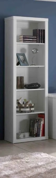 Bibliotecă pentru copii Robin albă din MDF lăcuit și pin masiv, cu 4 rafturi reglabile și finisaj cu caneluri verticale – Vipack