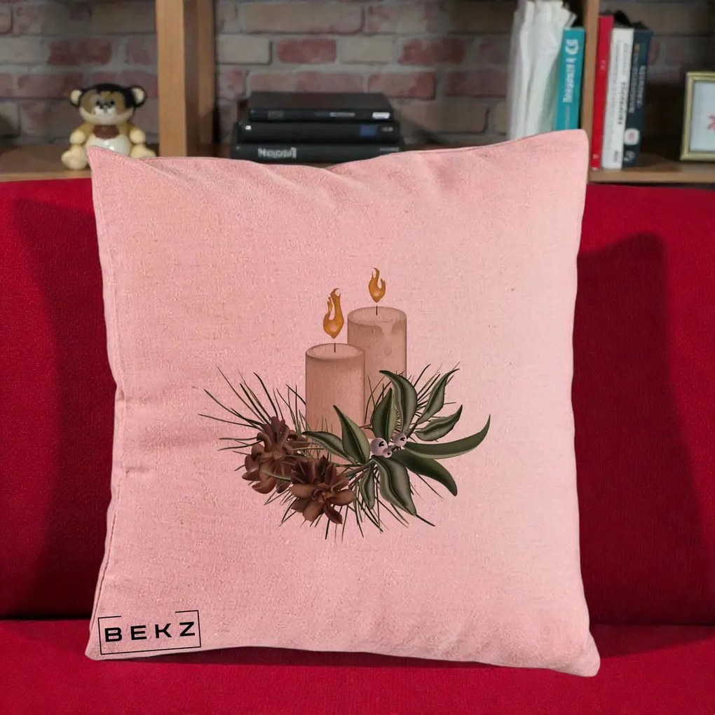 Perna Decorativa Lumanari cu Ilex si Conuri Ilustratie, 40x40 cm, Roz, Husa Detasabila, Perna Inclusa, BEKZ®