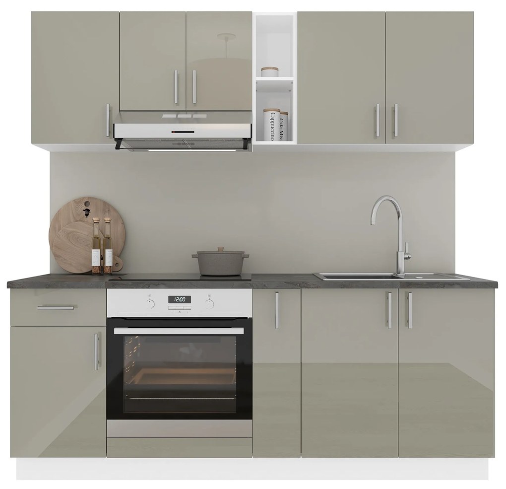 Set Bucatarie Karo V11, Gri Lucios/Alb, MDF, Blat Thermo 28 mm, L 200 cm