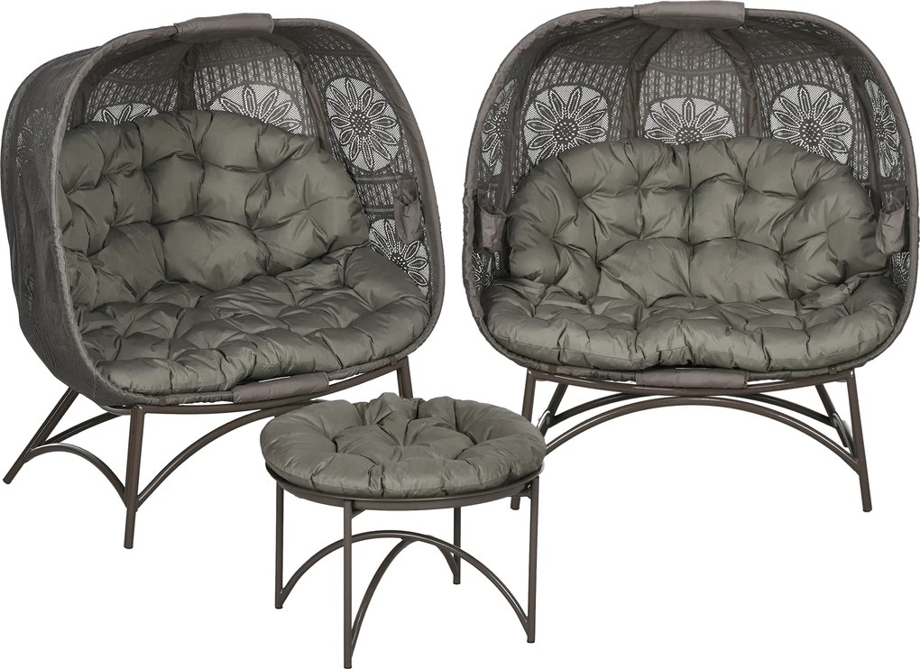 Outsunny Set de mobilier de grădină, 2 scaune din răchită cu masă auxiliară, pliabil, perne pentru șezut, cadru metalic, Culoare: Nisip | Aosom Romania