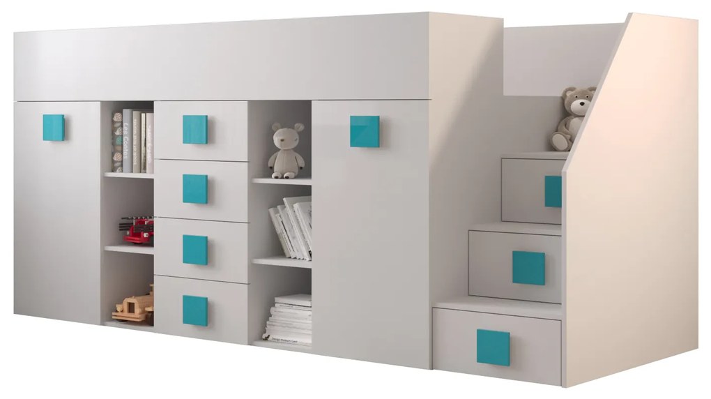 Pat multifuncțional 90 cm Toreno 3 (Alb + alb lucios + mânere turcoaz lucios) (D). 1083332